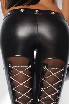Legging noir opaque à la partie arrière en micro résille et lacets. - détail